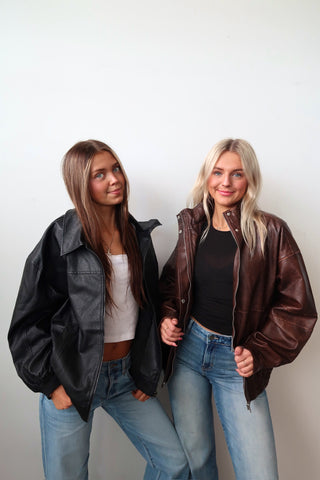 Black Faux Leather Bomber Jacket