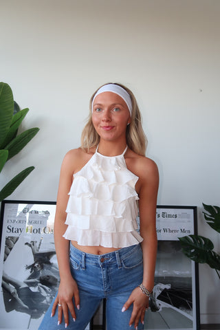 Ruffled Halter Top With Open Back Ties