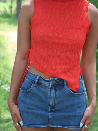 Red Mesh Asymmetrical Top