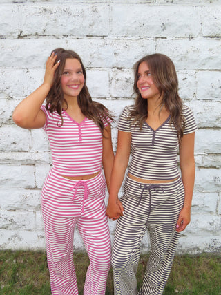 Rose and White Striped Snap Button Tee