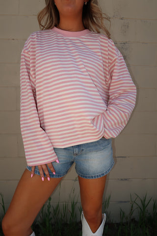 Oversized Pink Striped Basic Top