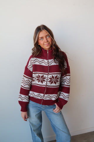Burgundy Snowflake Zip-Up Sweater