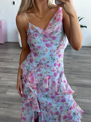 Blue Floral Ruffle Maxi Dress