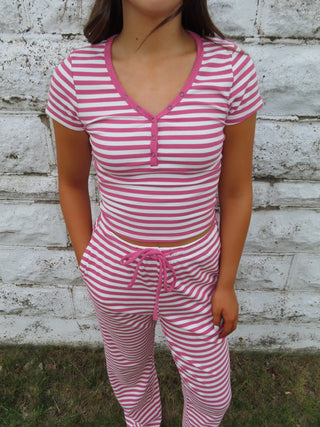 Rose and White Striped Snap Button Tee