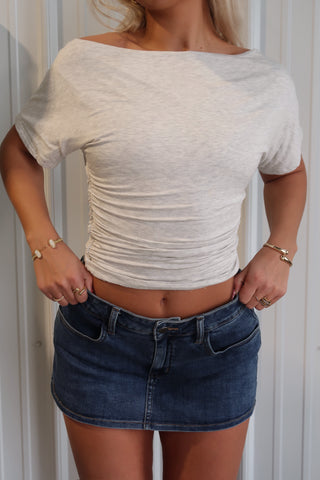 Ruched Heather White Boat Neck Short Sleeve Top