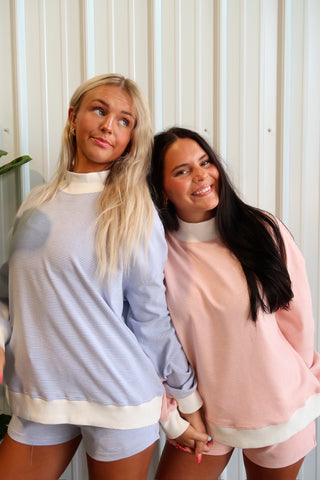 *PRE-ORDER* - Mock Neck Stripe Pullover - Light Blue/Cream (ship date: May 20th 2026)