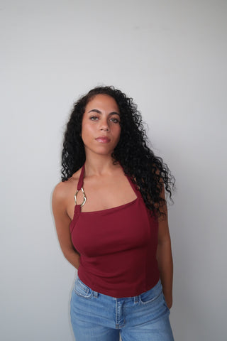 Burgundy Halter Neck Tank With Gold Ring