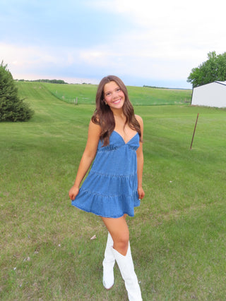 Spaghetti Strapped Tiered Denim Dress