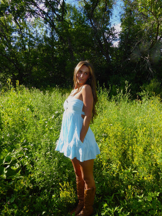 Sky Blue Strapless Dress With Open Back