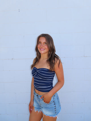 Navy Stripe Ribbed Strapless Top