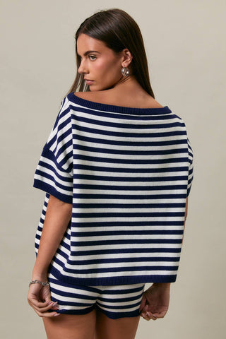 Oversized Short Sleeve Sweater Top - White/Navy