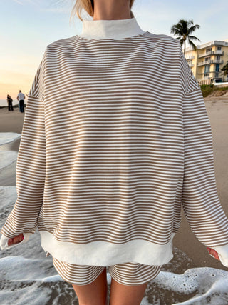 Brown and White Big Striped Mockneck Sweatshirt