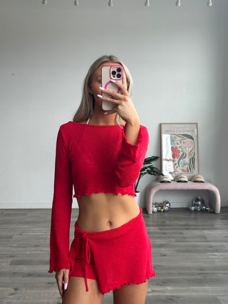 Red Mesh Long Sleeve Cover-Up Top With Open Tie Back