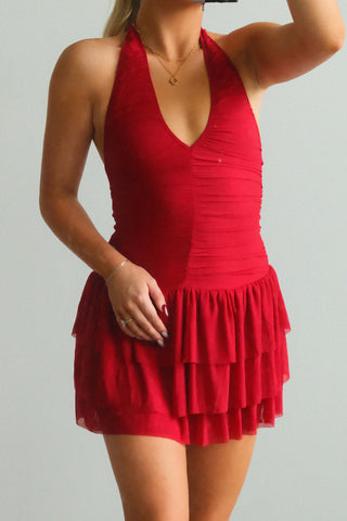 Red Tiered Halter Mini Dress