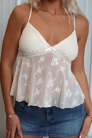 Cream Floral Mesh V-Neck Tank Top