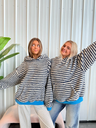 Cozy Navy Striped Hoodie With Blue Cuff