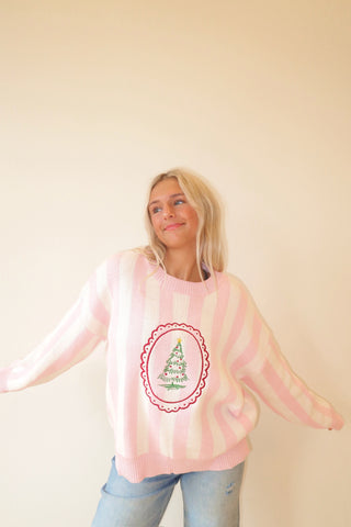 Pink & White Striped Christmas Tree Sweater