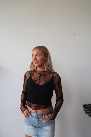 Black Sheer Lace Long Sleeve With Built In Tank Top