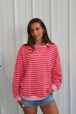 Pink & Red Striped Crewneck