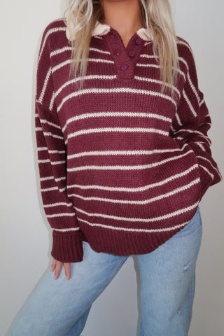 Burgundy Collared Striped Sweater