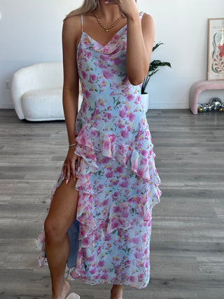 Blue Floral Ruffle Maxi Dress