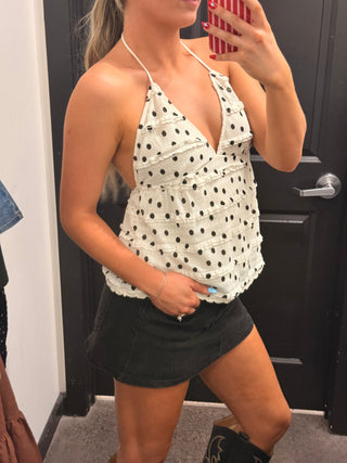 Black and White Polka Dot Ruffle Halter Top