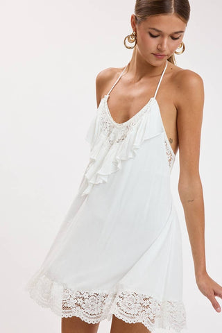 White Lace  Halter Open Back Mini Dress