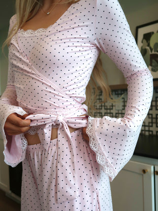 Flow Wrap Long Sleeve Top - Pink/Black Polka Dot