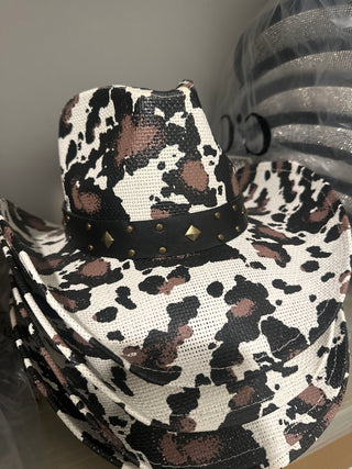 Cowprint Cowgirl Hat With Black And Gold Leather Band