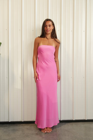 Peony Pink Satin Strapless Maxi Dress With Open Back