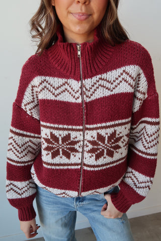 Burgundy Snowflake Zip-Up Sweater