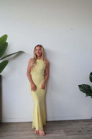 Yellow Lace Halter Neck Open Back Maxi Dress