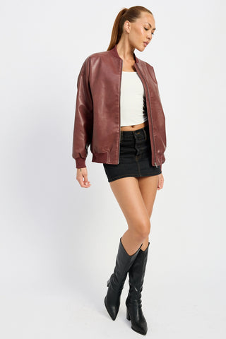 Vintage Faux Leather Bomber Jacket