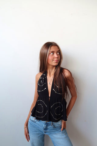 Black With Silver Stud Detail Open Halter