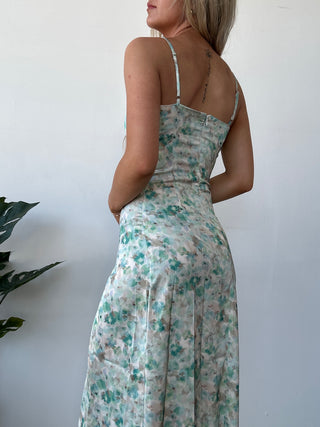 Sage Watercolor Floral Satin Maxi Dress