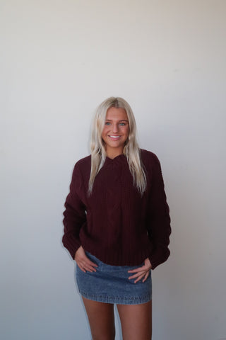 Burgundy V Neck Cable Sweater
