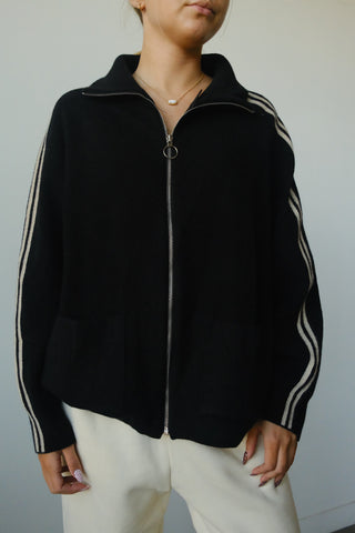 Black Side Stripe Zip Up Sweater