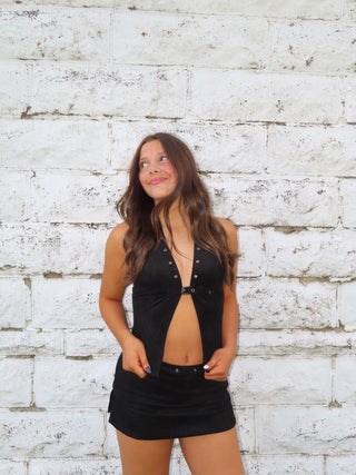 Black Suede Grommet Skort