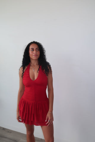 Red Tiered Halter Mini Dress