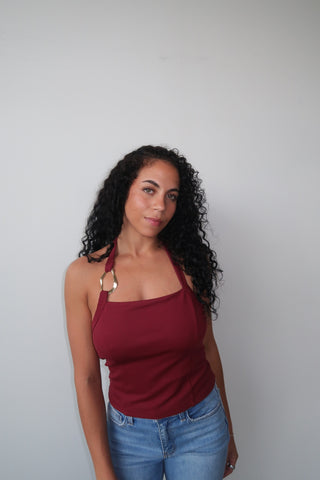 Burgundy Halter Neck Tank With Gold Ring