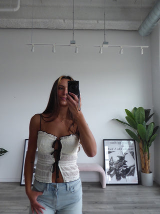 Cream Ruffle Tank With Black Tie Detail