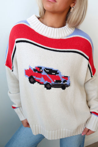 Cream Retro Car Knit Sweater
