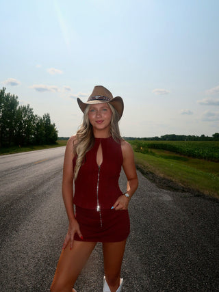 Burgundy Sleeveless Zip Up Top