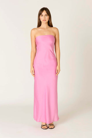 Peony Pink Satin Strapless Maxi Dress With Open Back