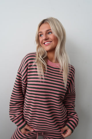 Pink & Green Stripe Crew Neck Sweater