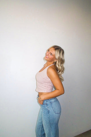 Pink & Brown Striped Cropped Halter Top