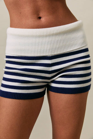 Fold Over Low Rise Knit Shorts - Navy/White Stripe