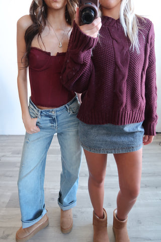 Burgundy V Neck Cable Sweater