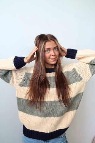 Navy & Sage Chunky Strip Knit Sweater