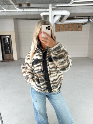 Contrast Denim Printed Sherpa Zip Up